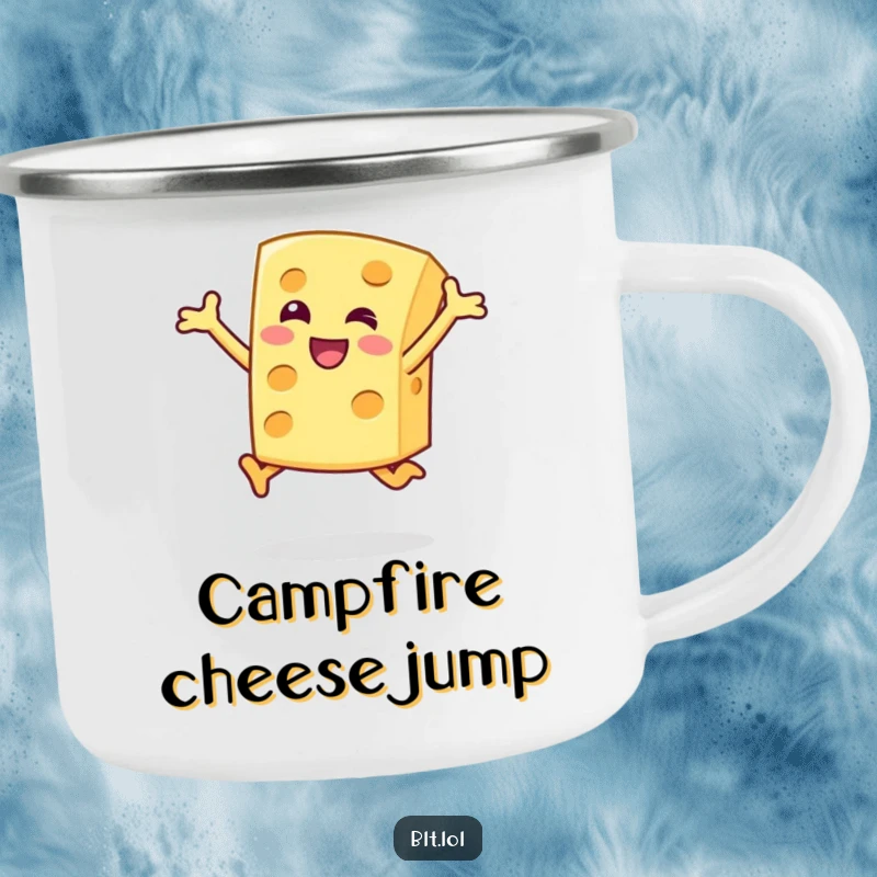 Funny Camping Mug featuring a happy cheese slice character doing a joyful jump, ideal for outdoor food lovers, humorous illustration.