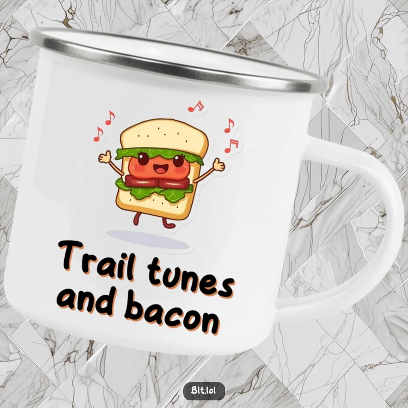 Funny Dancing BLT Sandwich Camping Mug, a sandwich character dancing with musical notes, outdoor drinkware, perfect funny gift.