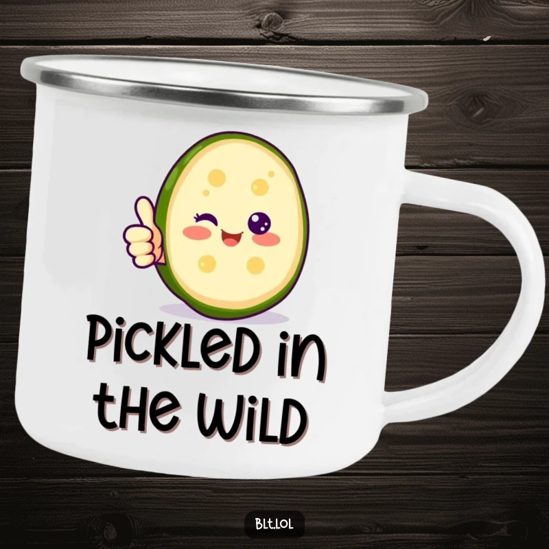 Funny happy pickle slice giving a thumbs up on a camping mug, perfect for positive outdoor drinks and a funny gift.