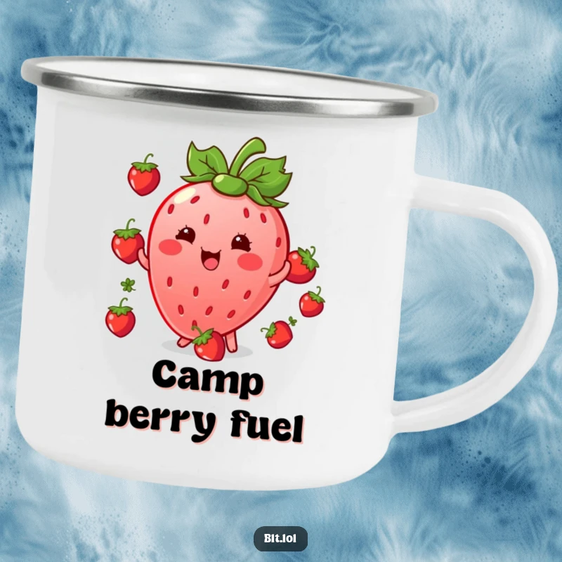 Funny giggling Kawaii strawberry character juggling berries on an enamel camping mug, for outdoor enthusiasts.