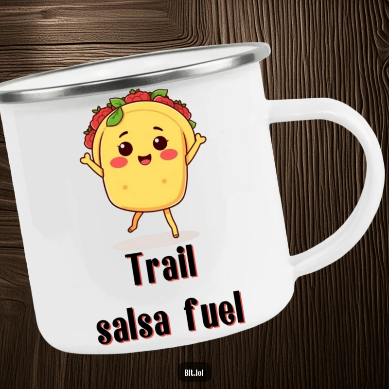 Funny Kawaii taco character with tiny legs salsa dancing on an enamel camping mug, designed for outdoor enthusiasts.