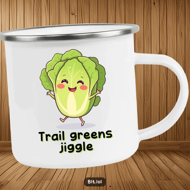Funny Camping Mug featuring a smiling lettuce slice doing a lively jig, perfect for outdoor enjoyment with a humorous touch.