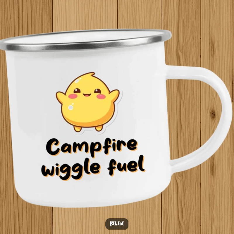 Funny Camping Mug featuring a playful mustard blob character doing a silly wiggle, ideal for outdoor food lovers, humorous illustration.