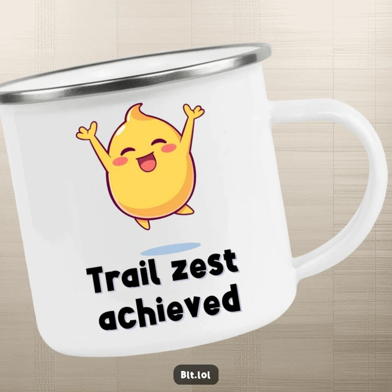 Funny energetic mustard blob leaping joyfully on a rugged camping mug, ready for outdoor escapades and laughs.