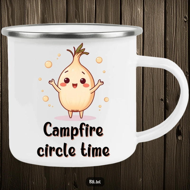 Funny playful onion ring juggling tiny circles on a camping mug, perfect for playful outdoor drinks and a funny gift.