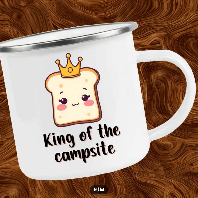 Funny Camping Mug: A bread slice wearing a tiny crown, ready for adventure. Ideal funny outdoor gift.