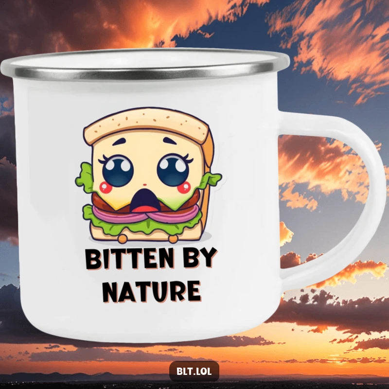 Funny Camping Mug showing a surprised BLT sandwich character with wide eyes as a bite is taken, perfect for outdoor use.