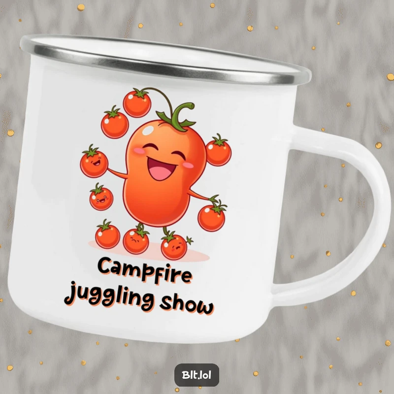 Funny tomato camping mug with a laughing tomato juggling smaller tomatoes, durable for outdoor fun and garden cheer.