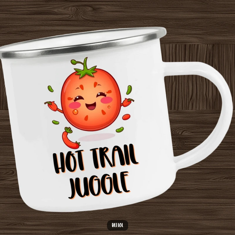 Funny tomato slice juggling pepper seeds on a rugged camping mug, ready for outdoor adventures and laughter.