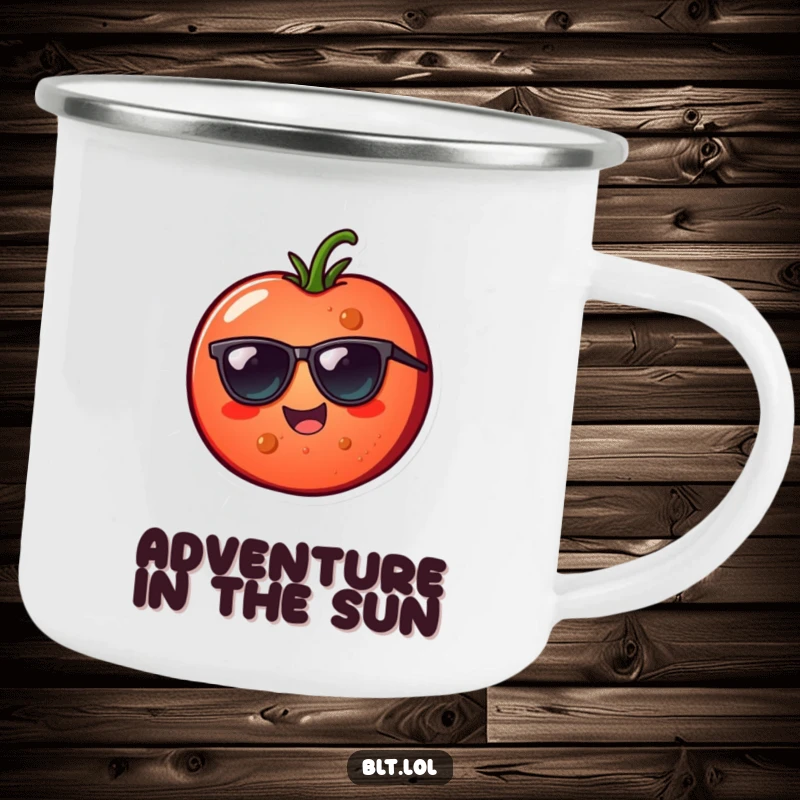 Funny tomato slice with sunglasses on a camping mug, perfect for cheerful outdoor drinks and a funny gift.