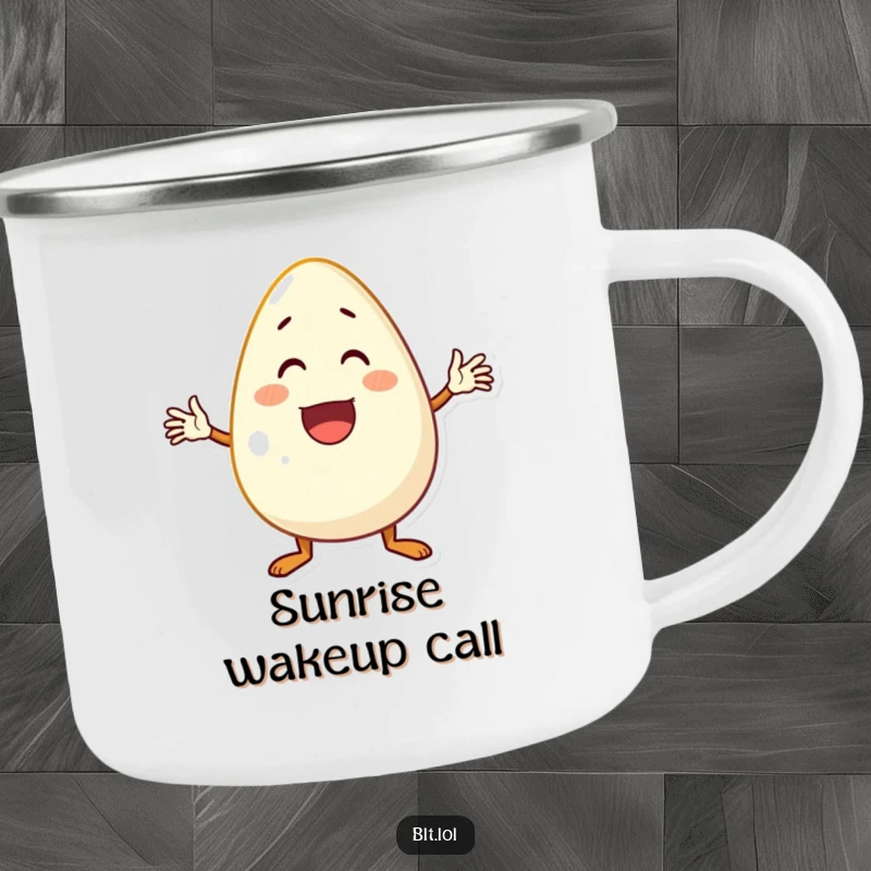 Funny excited anthropomorphic egg character waving hello, a cheerful and humorous camping mug.