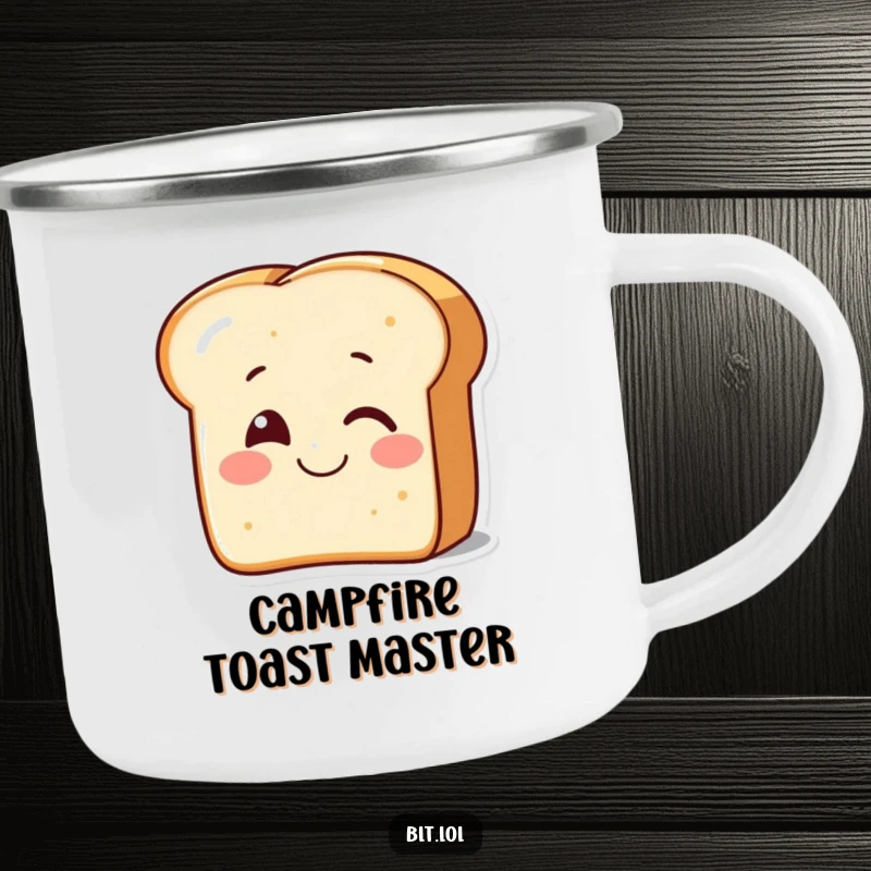 Funny smiling piece of bread winking on a camping mug, perfect for charming outdoor drinks and a funny gift.