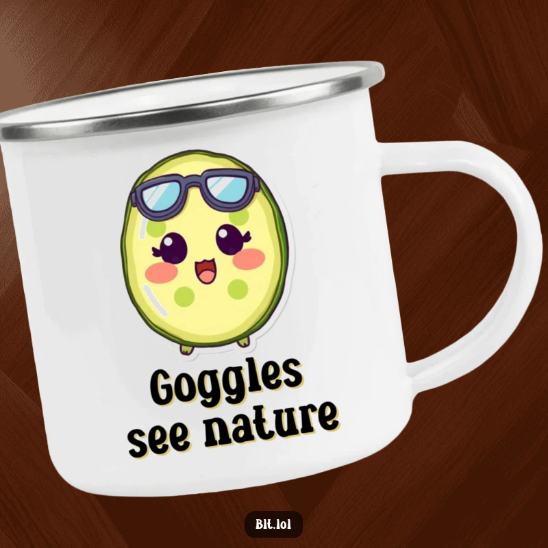 Funny pickle slice character with tiny goggles, looking surprised, on a durable camping mug for outdoor fun.