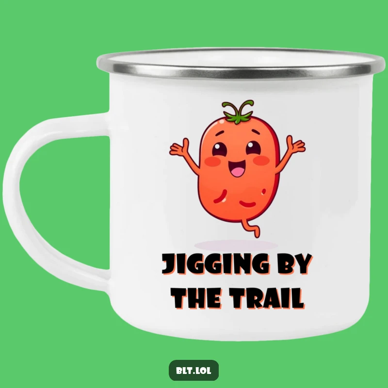 Funny Bouncy Tomato Slice Camping Mug - Energetic Veggie Dance Gift for Outdoor Fun