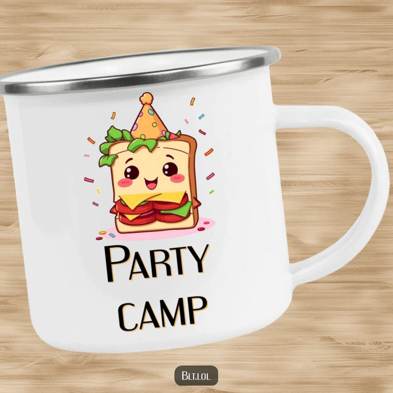 Durable camping mug featuring a funny BLT sandwich character wearing a party hat amidst falling confetti.