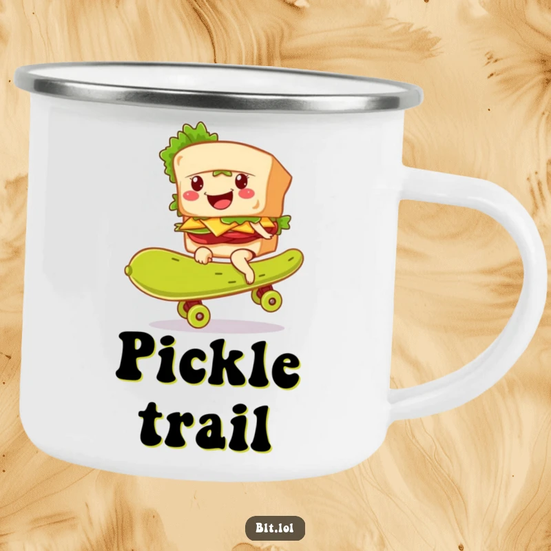 Durable camping mug featuring a funny BLT sandwich character smiling while skateboarding on a giant pickle.