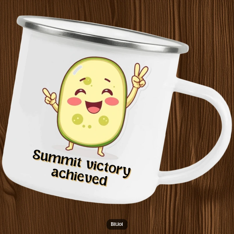 Funny camping mug with a smiling pickle slice in a victory pose, ideal for enjoying drinks during outdoor adventures.