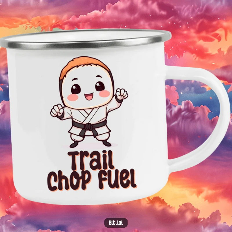 Funny sushi camping mug with a smiling sushi roll doing a karate chop, durable for adventures and laughs.