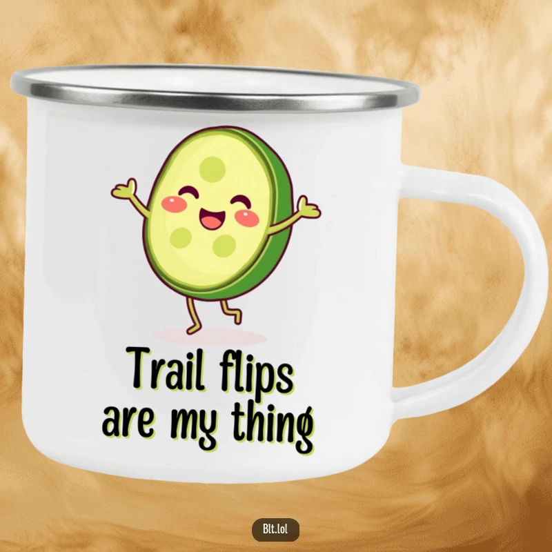 Funny pickle slice doing a cartwheel, ready for campfire brews, this durable camping mug brings outdoor fun.