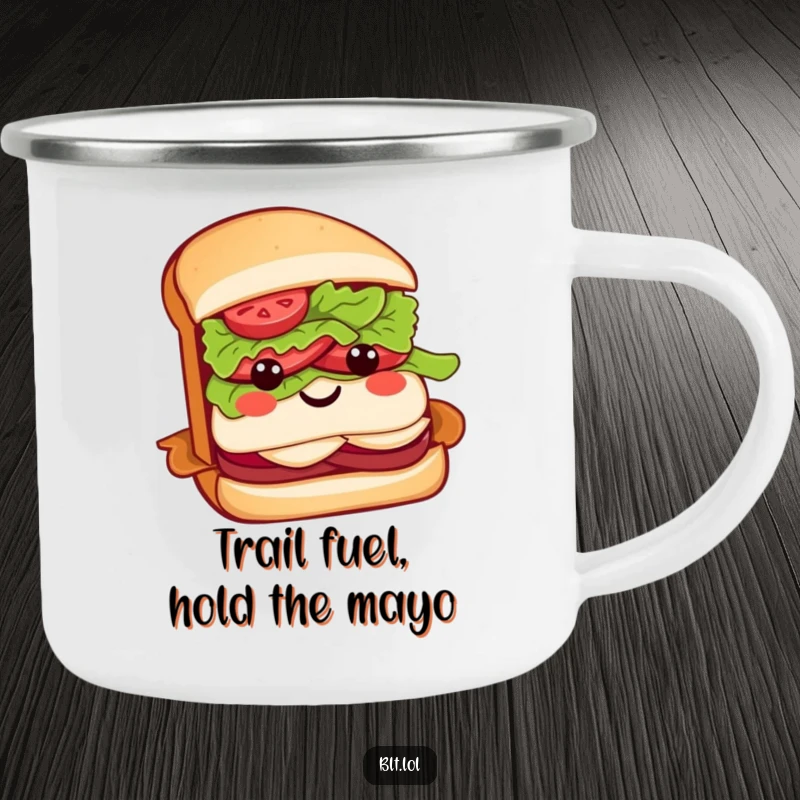 Funny BLT sandwich camping mug with a smiling character, perfect for enjoying drinks by the campfire with a touch of humor.