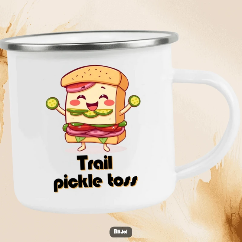 Funny Juggling BLT Sandwich Camping Mug: A durable mug showing a BLT character joyfully juggling pickle slices, perfect for outdoor fun.