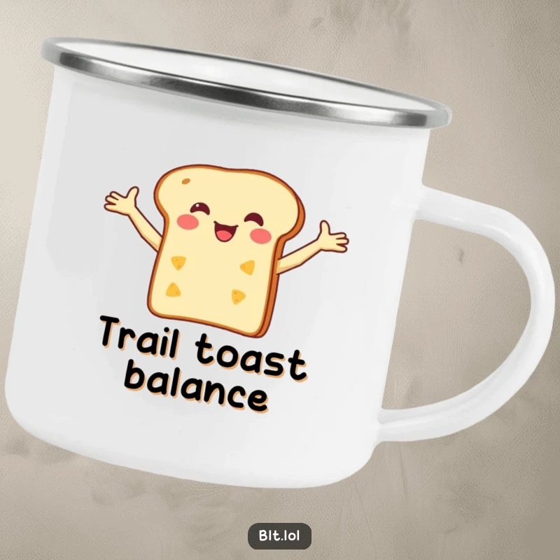 Funny Camping Mug featuring a happy bread slice balancing a tiny cheese slice, perfect for outdoor enjoyment with a humorous touch.
