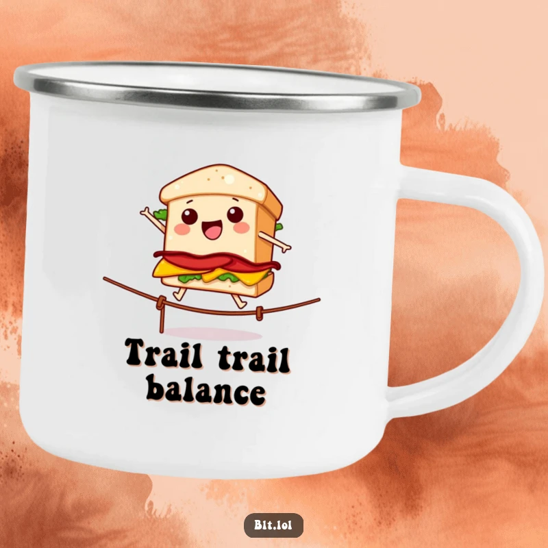 Funny camping mug with a BLT sandwich performing a tightrope act, for enjoying drinks during outdoor adventures.