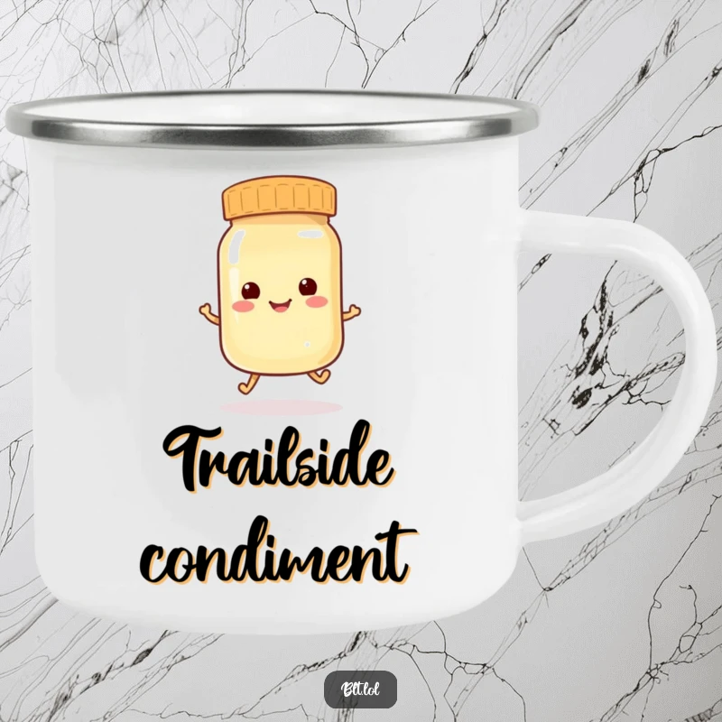 Funny anthropomorphic mayonnaise jar hopping playfully, a humorous camping mug for outdoor fun.