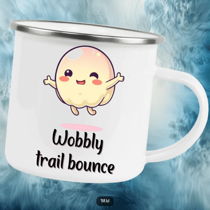 Funny wobbly jelly character bouncing joyfully on a rugged camping mug, ready for outdoor treats and laughs.