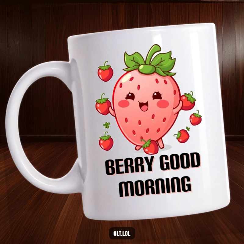 Funny giggling Kawaii strawberry character juggling tiny berries, printed on a mug, a sweet and humorous gift.