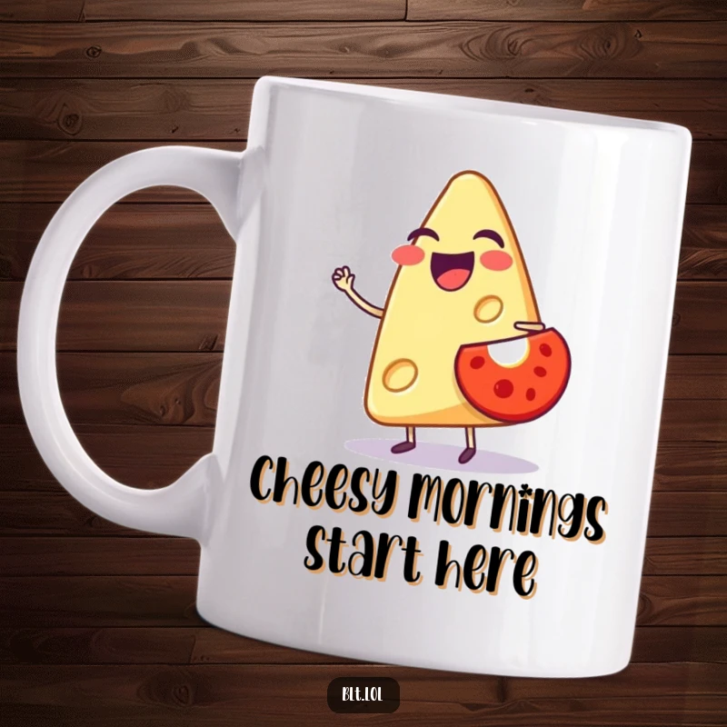 Funny mug featuring a laughing anthropomorphic cheese slice expertly balancing a small tomato slice, radiating cheesy delight.