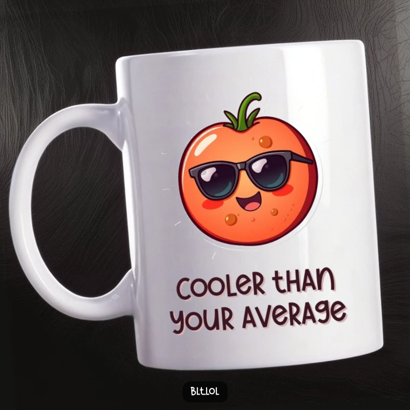 Funny tomato slice wearing sunglasses, exuding cheerful coolness on a mug, perfect for a fun gift.