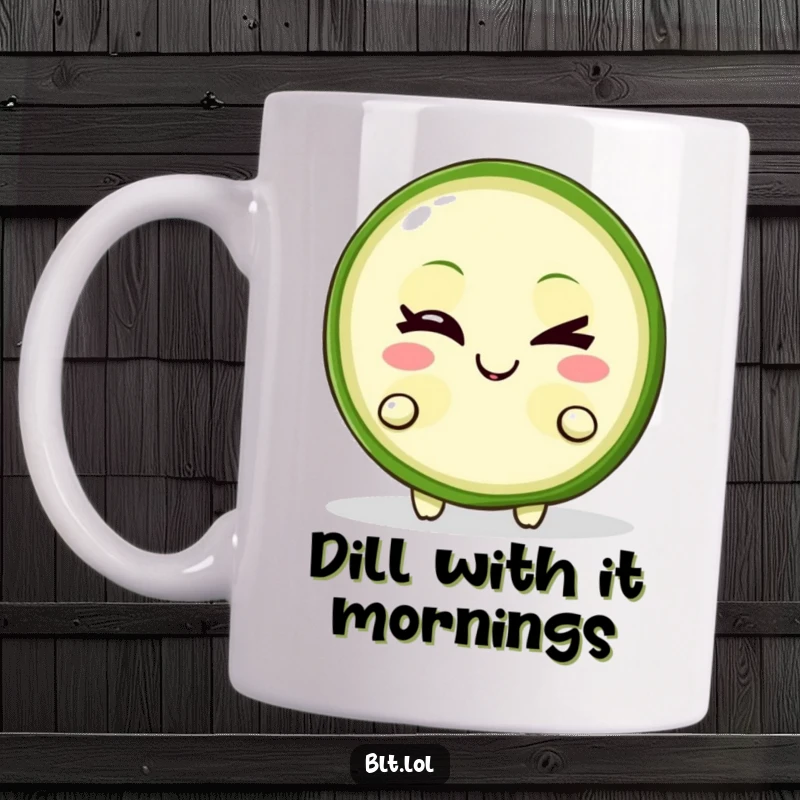 Funny Mug featuring a winking pickle slice character with a mischievous grin, a humorous food illustration.