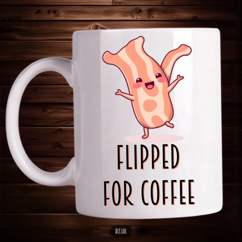 Funny bacon strip mug featuring a cheerful strip doing a cartwheel, full of breakfast energy and joy.