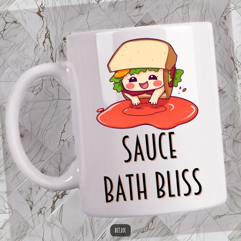 Funny BLT sandwich character joyfully diving headfirst into a pool of imaginary, delicious-looking sauce, depicted on a mug.
