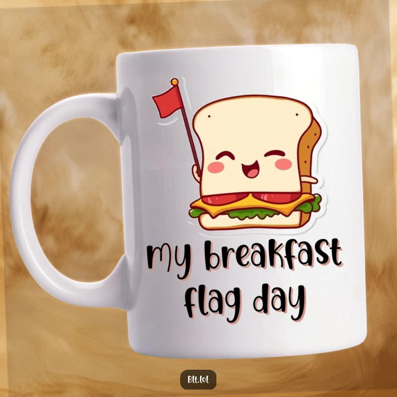 Funny mug featuring a winking anthropomorphic BLT sandwich with a tiny flag, looking cheeky and ready for a bite.