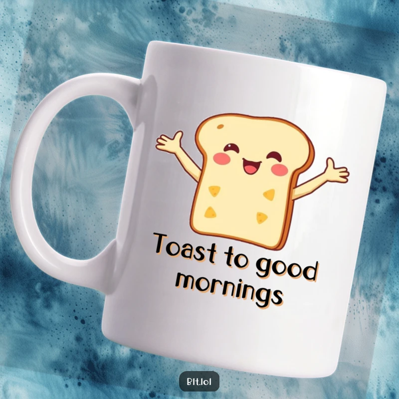 Funny Mug featuring a happy anthropomorphic bread slice with arms wide, balancing a small cheese slice, embodying comfort food joy.