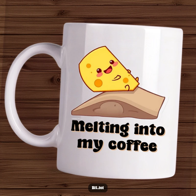 Funny, giggling cheese slice happily sliding down a ramp, perfect for cheese lovers and coffee breaks.