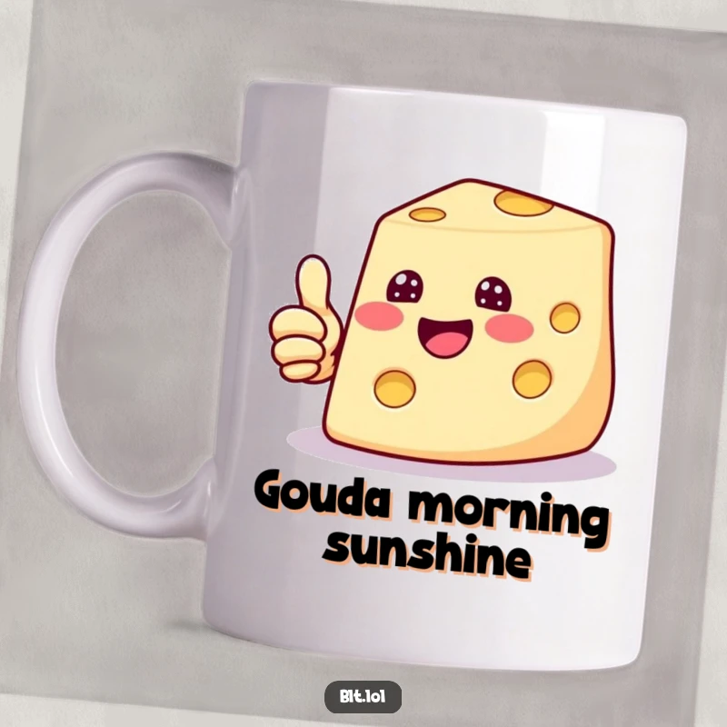 Funny mug featuring a beaming cheese slice giving a cheerful thumbs up, spreading positive cheesy vibes. Perfect gift.