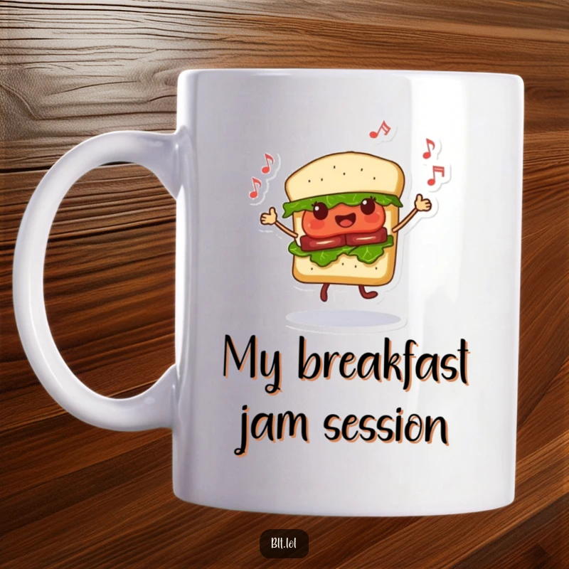 Funny Dancing BLT Sandwich Mug with musical notes, happily grooving to a tune, perfect gift for foodies.