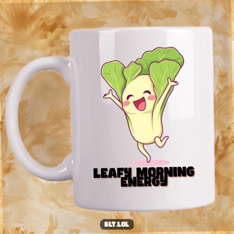 Funny lettuce leaf character in mid-flip, looking energetic and excited, designed on a cheerful mug.