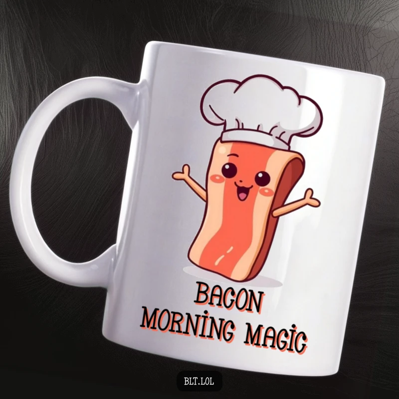 Funny bacon strip character wearing a chef hat, skillfully flipping itself in a pan on a humorous mug.