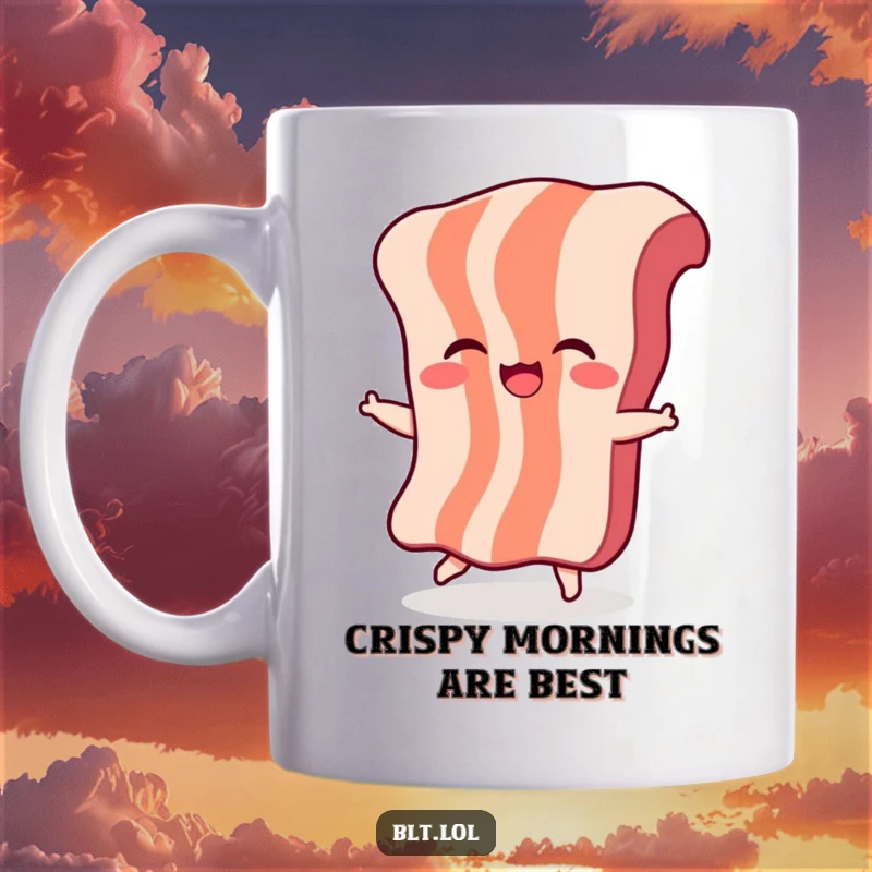 Funny Giggling Bacon Dance Mug: A piece of bacon character is giggling and doing a little dance, radiating pure joy and breakfast fun.