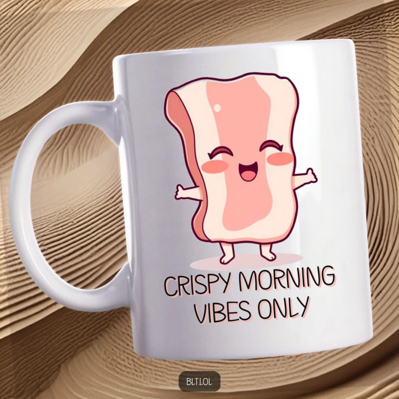 Funny giggling bacon mug featuring a cheerful character doing a little dance, spreading joy with every sip.