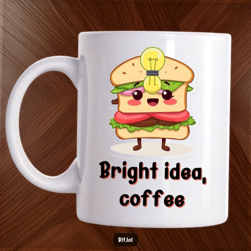 Funny Inspired BLT Sandwich Mug, a sandwich character with a lightbulb above its head, symbolizing inspiration and ideas, thoughtful gift.