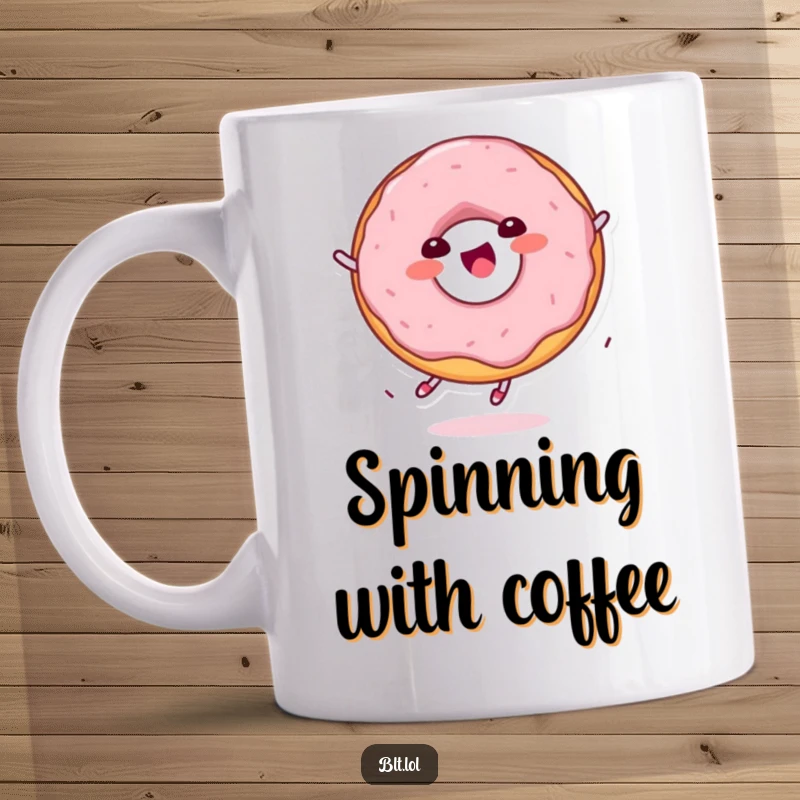 Funny delighted Kawaii donut character happily spinning, printed on a mug, a sweet and humorous gift.