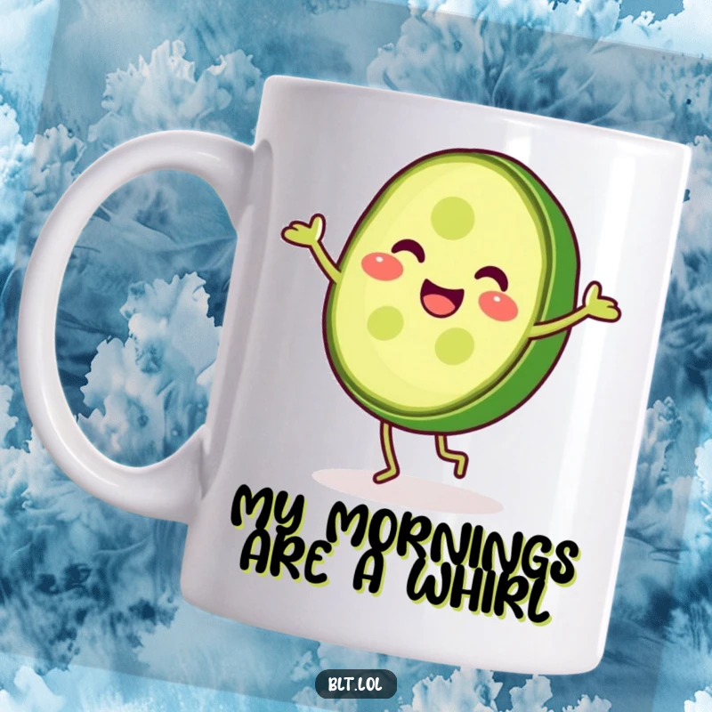 Funny, cheerful pickle slice doing a cartwheel with excitement, perfect for the pickle lover and coffee enthusiast.