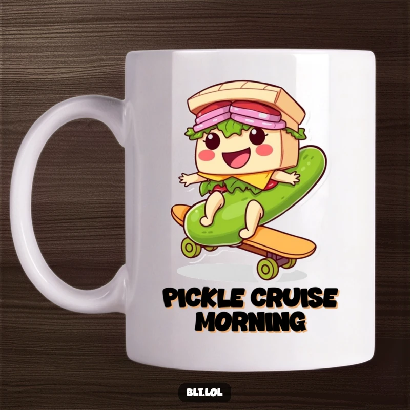 Funny Riding BLT Sandwich Mug: A smiling BLT sandwich effortlessly rides a giant pickle like a skateboard with a cool, confident expression.