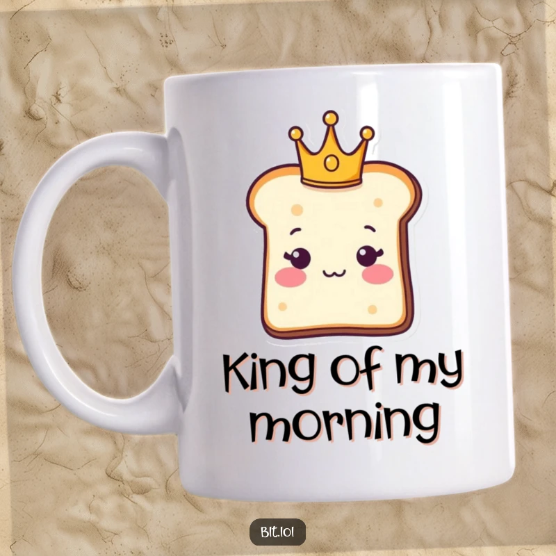 Funny Mug: A bread slice wearing a tiny crown, looking regal and charming. Perfect funny gift for royalty.