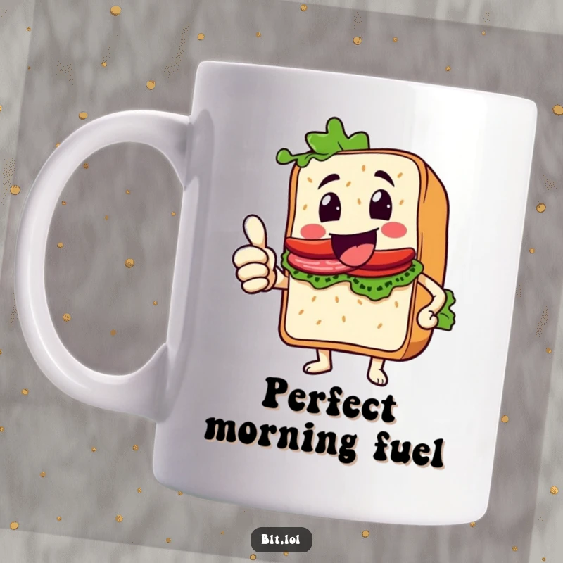 Funny Thumbs Up BLT Sandwich Mug, a happy sandwich character giving an enthusiastic thumbs up, cheerful and positive, great gift.